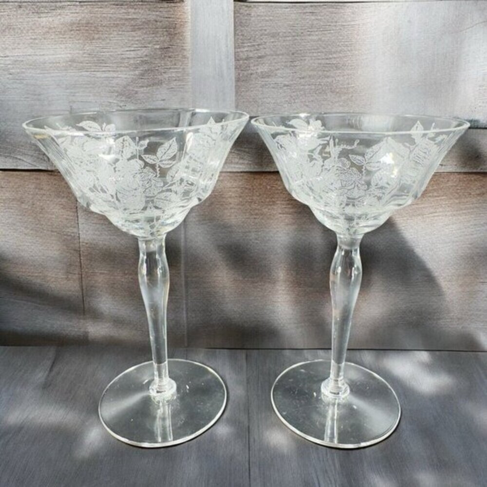 Morgantown‎ American Glass Goblet Cups Set 2 Clear Rose Flower Etched Pattern
